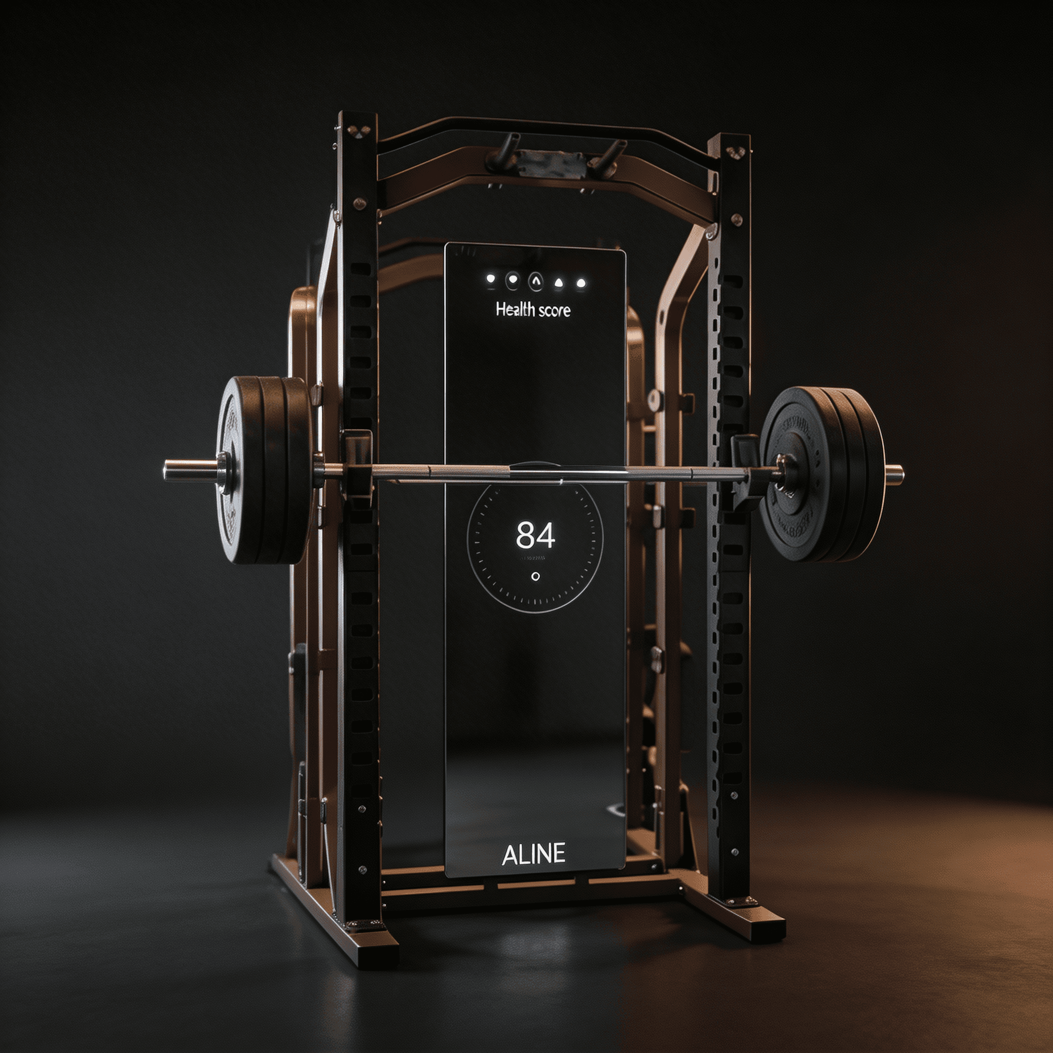 ALINE Rack Vision — AI-powered smart gym mirror mounted on a squat rack