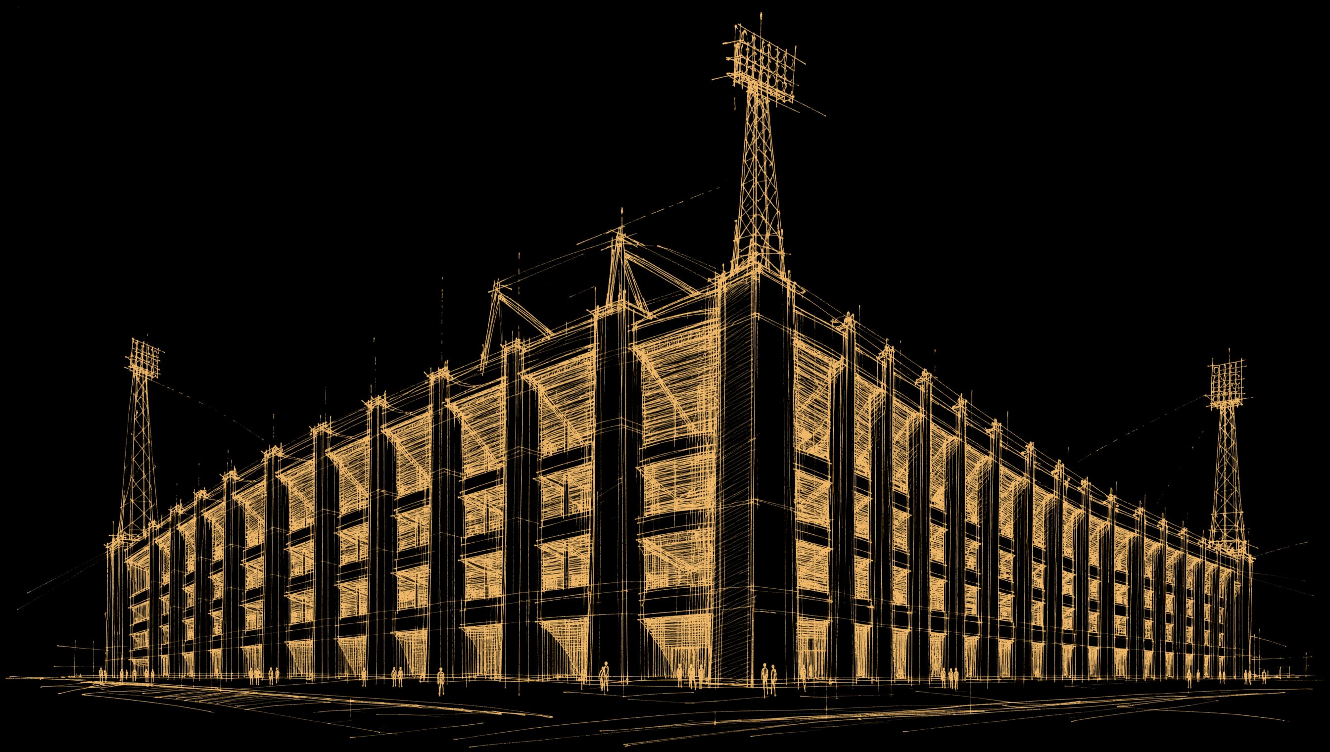 concept sketch in sand ink: a large twentieth-century football stadium seen from outside at street level, a tall ribbed exterior curving away with floodlight towers at the corner