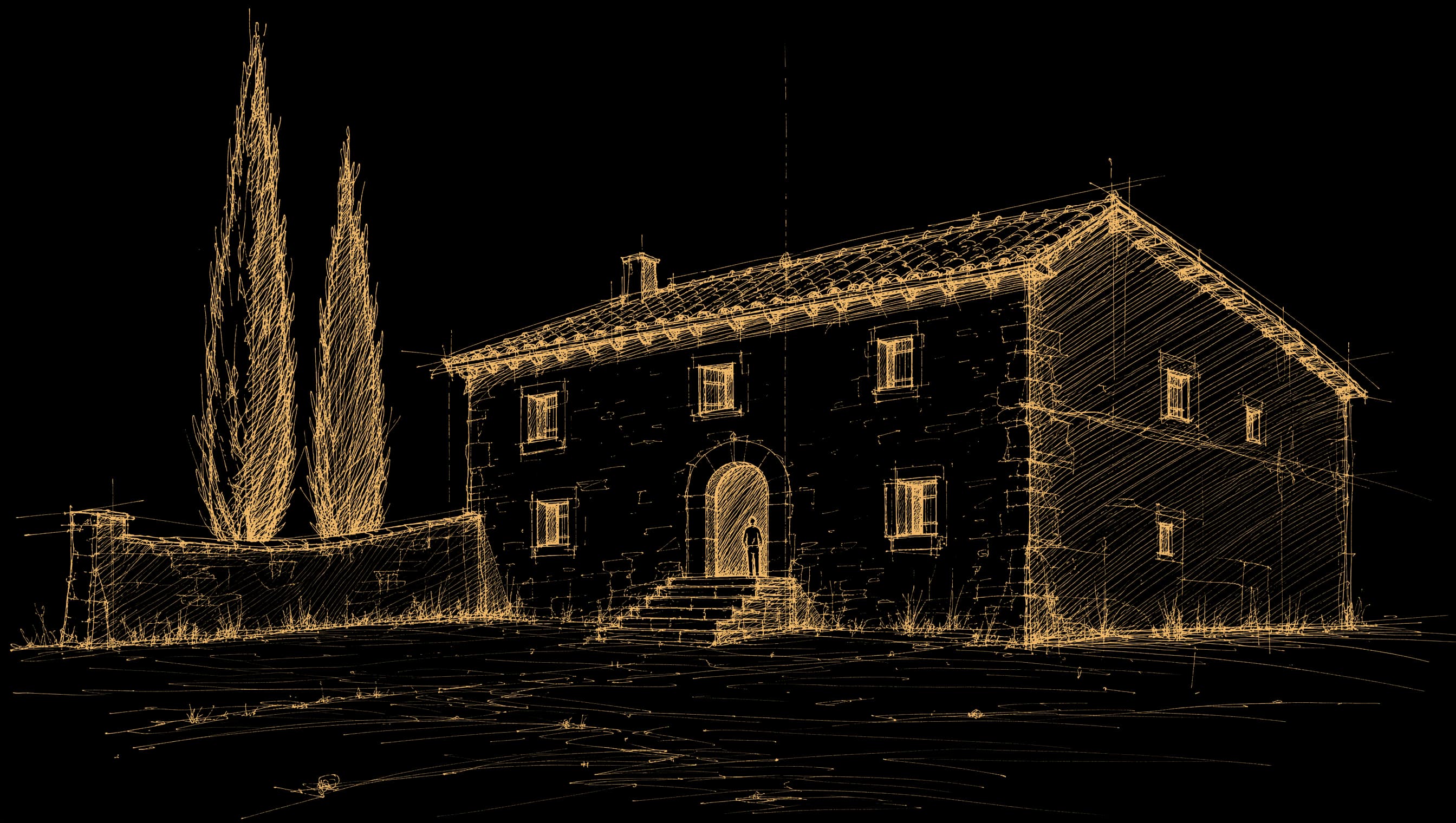 concept sketch in sand ink: an old Catalan farmhouse seen three-quarter on from ground level, two low storeys under a tiled roof with cypress trees beside it