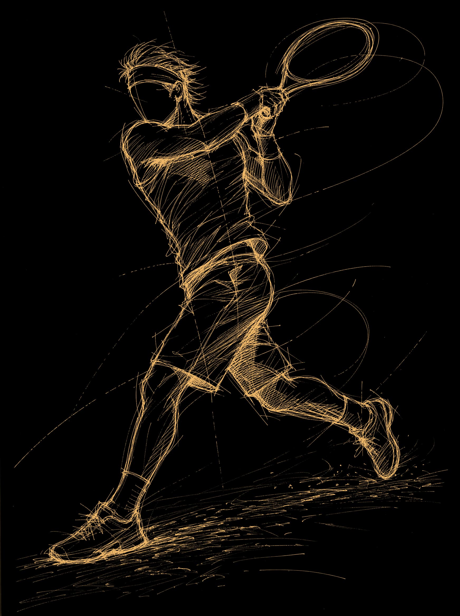concept sketch in sand ink: a tennis player at the extreme follow-through of a heavy topspin forehand, the racquet finished high over the opposite shoulder and the whole body torqued through the shot