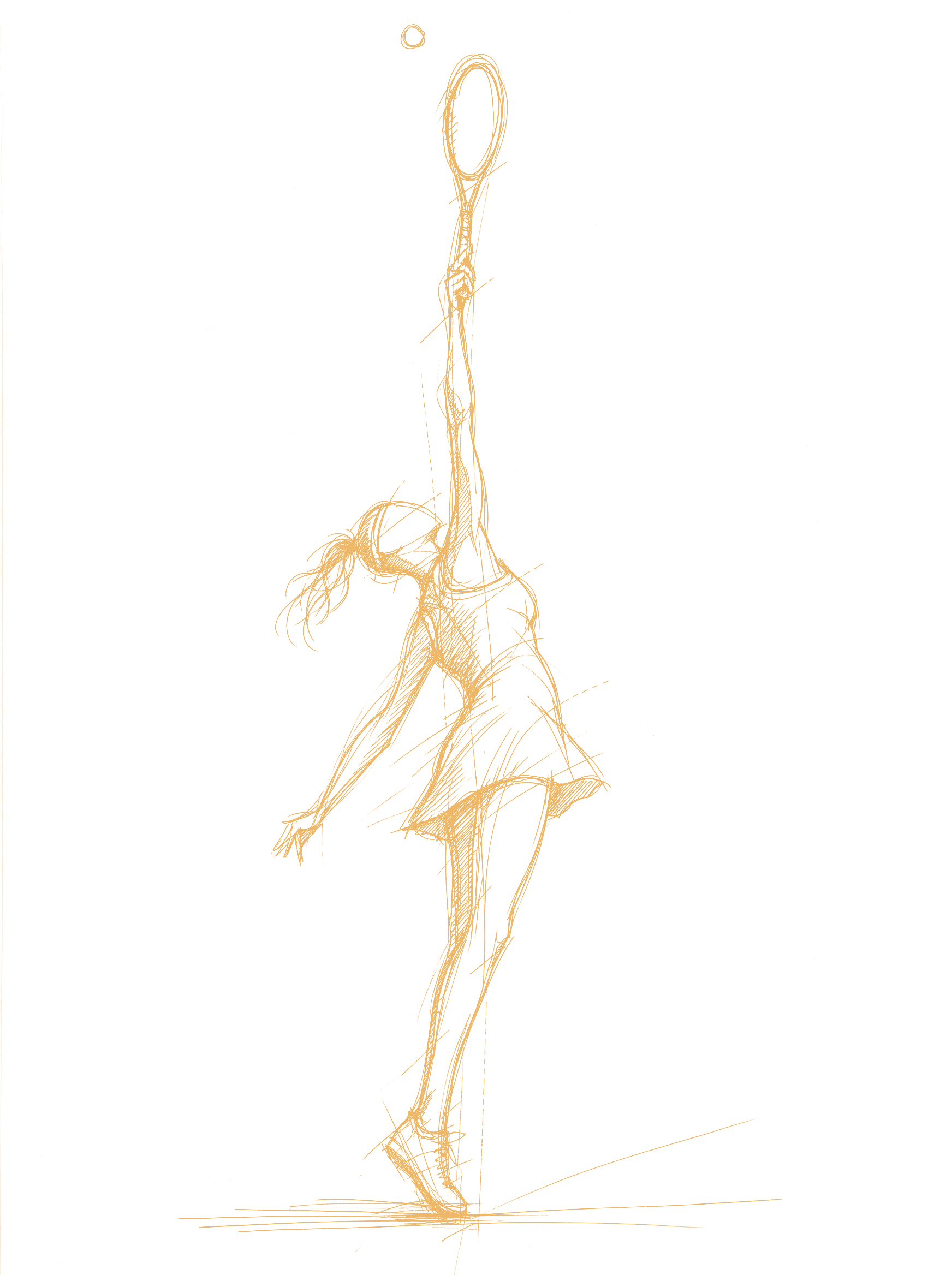 concept sketch in sand ink: a tennis player at full extension in the middle of a serve, the hitting arm stretched above the head and the ball at the top of the reach