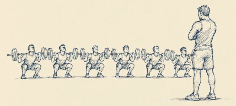 رسم تخطيطي: ستة رافعين في صف واحد ومدرّب واحد لا يتابع سوى أقربهم